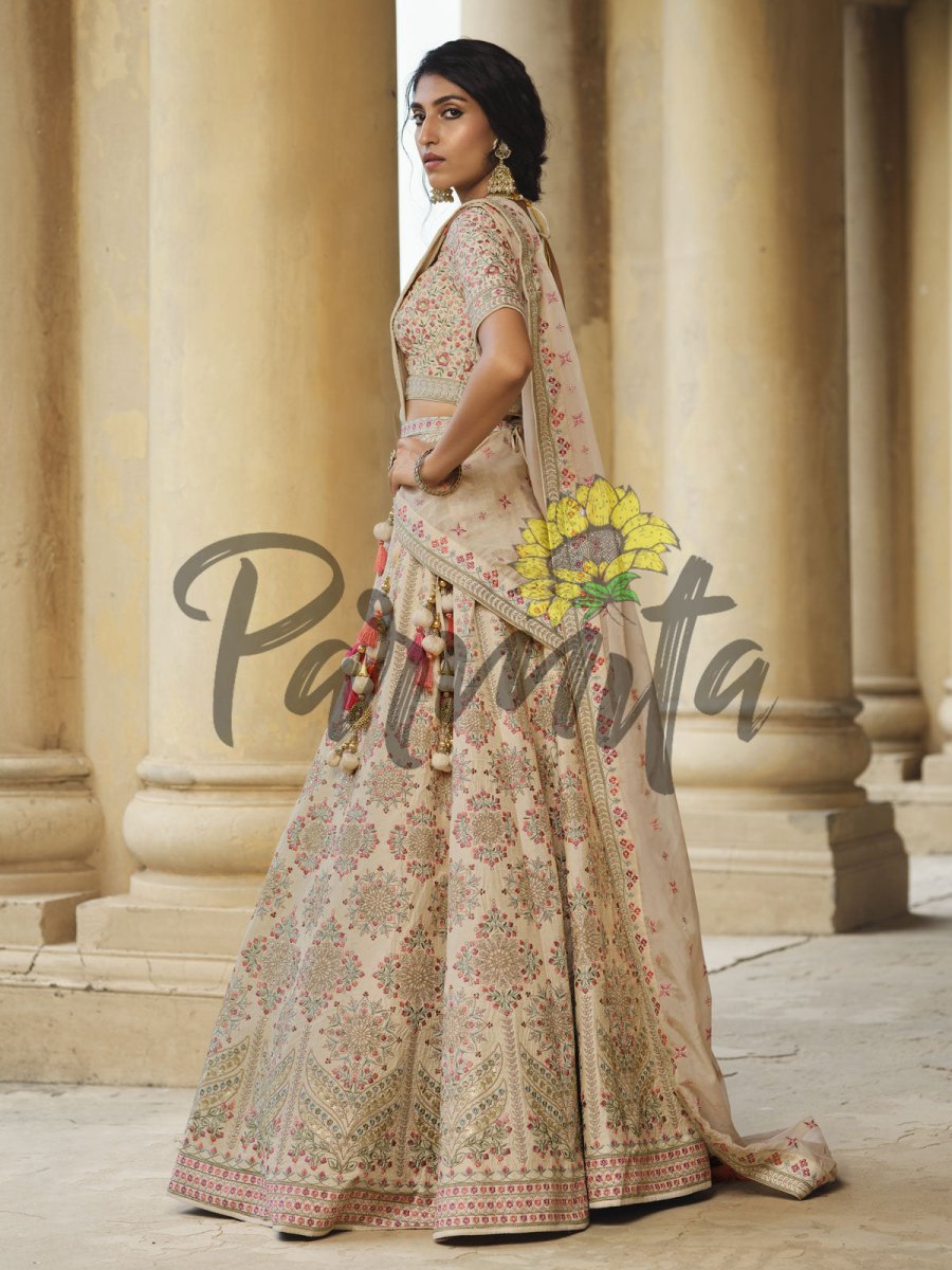 Beige Hand Embroidered Lehenga Choli Set - Inddus.com