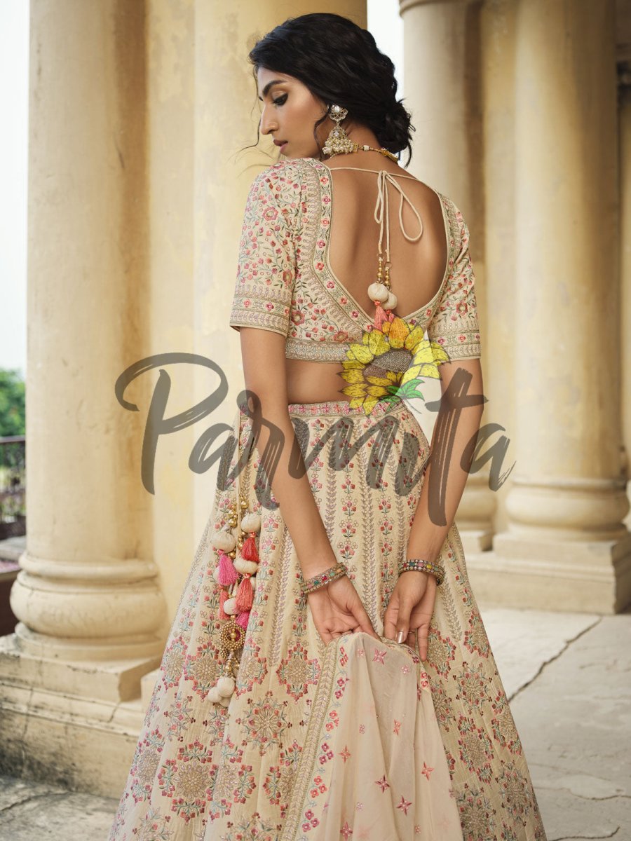 Beige Hand Embroidered Lehenga Choli Set - Inddus.com