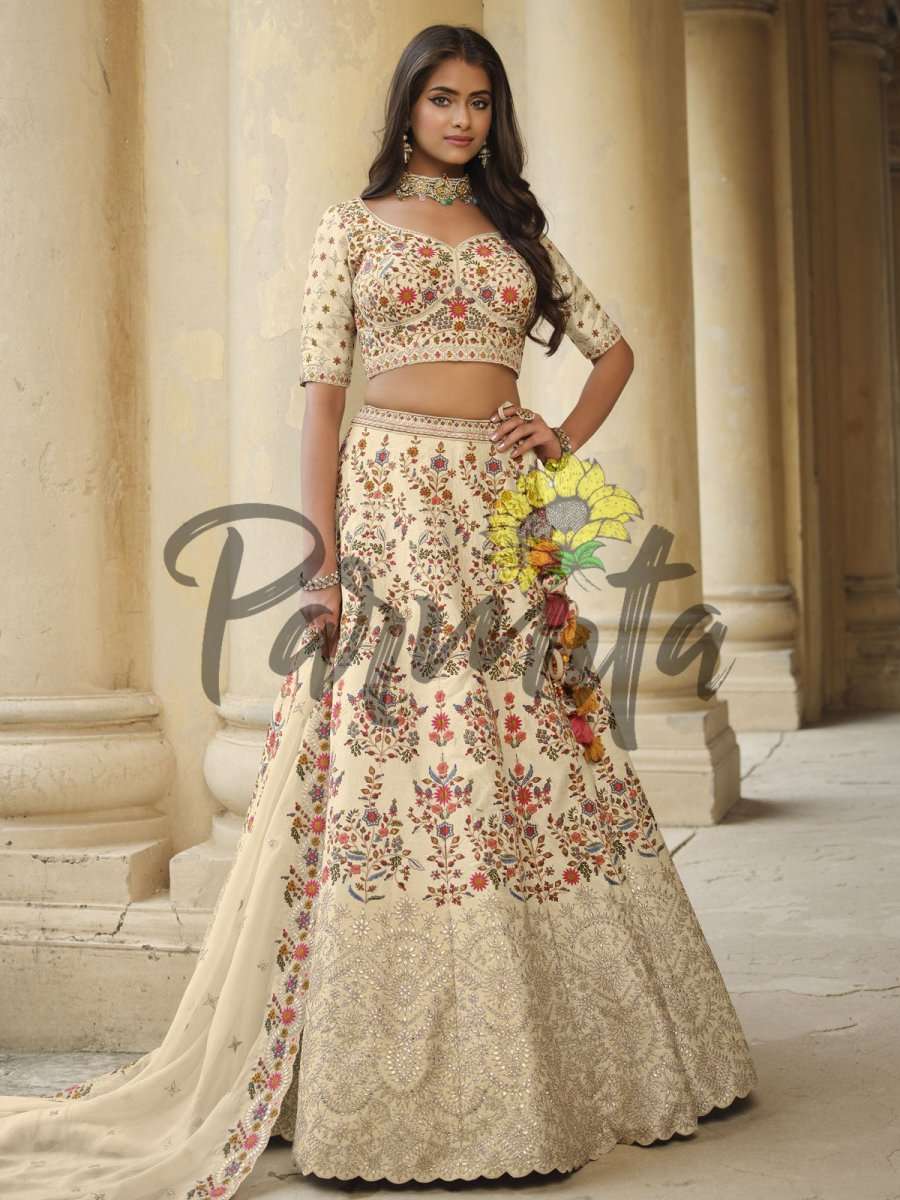 Beige Hand Embroidered Lehenga Choli Set - Inddus.com