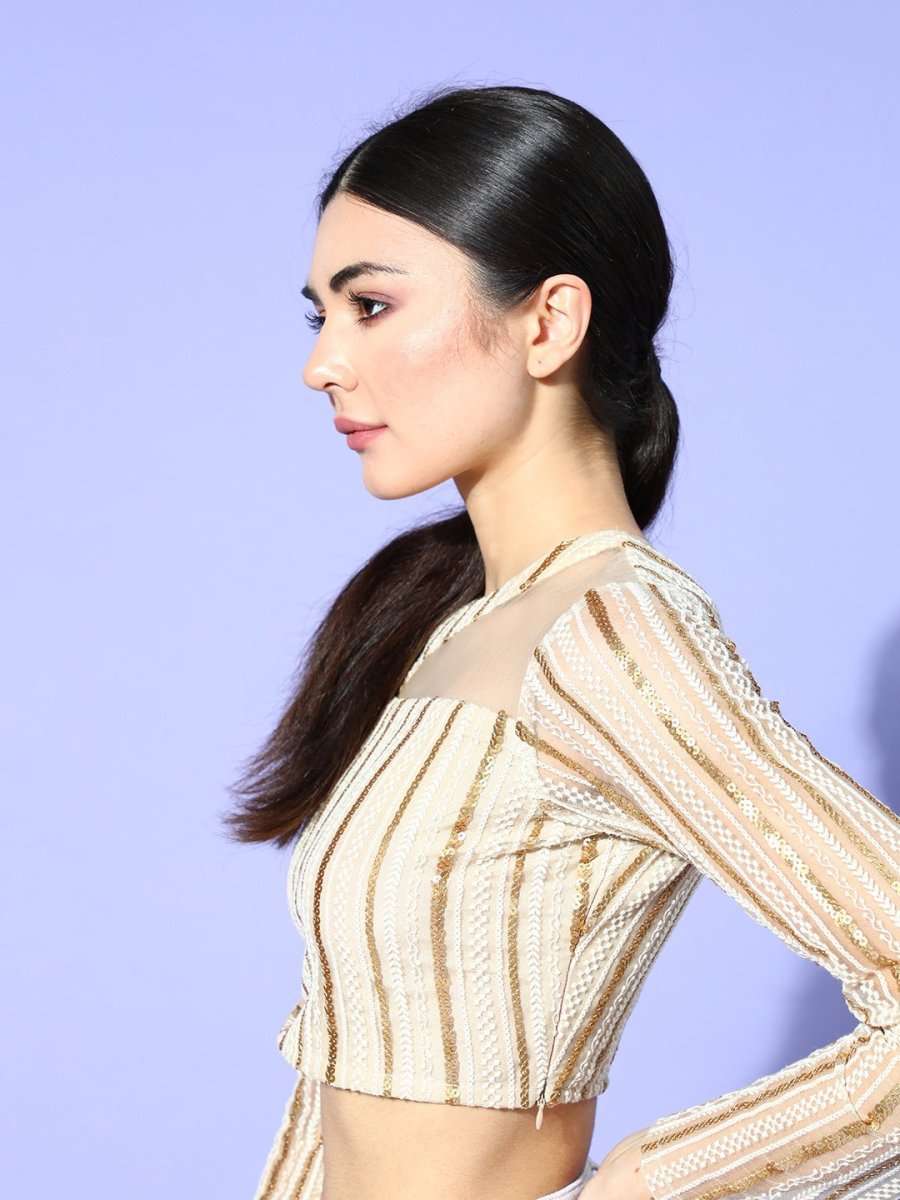 Beige Net Embroidered Ruffled Co-Ords - Inddus.com