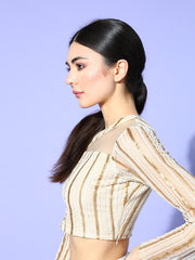 Beige Net Embroidered Ruffled Co-Ords - Inddus.com