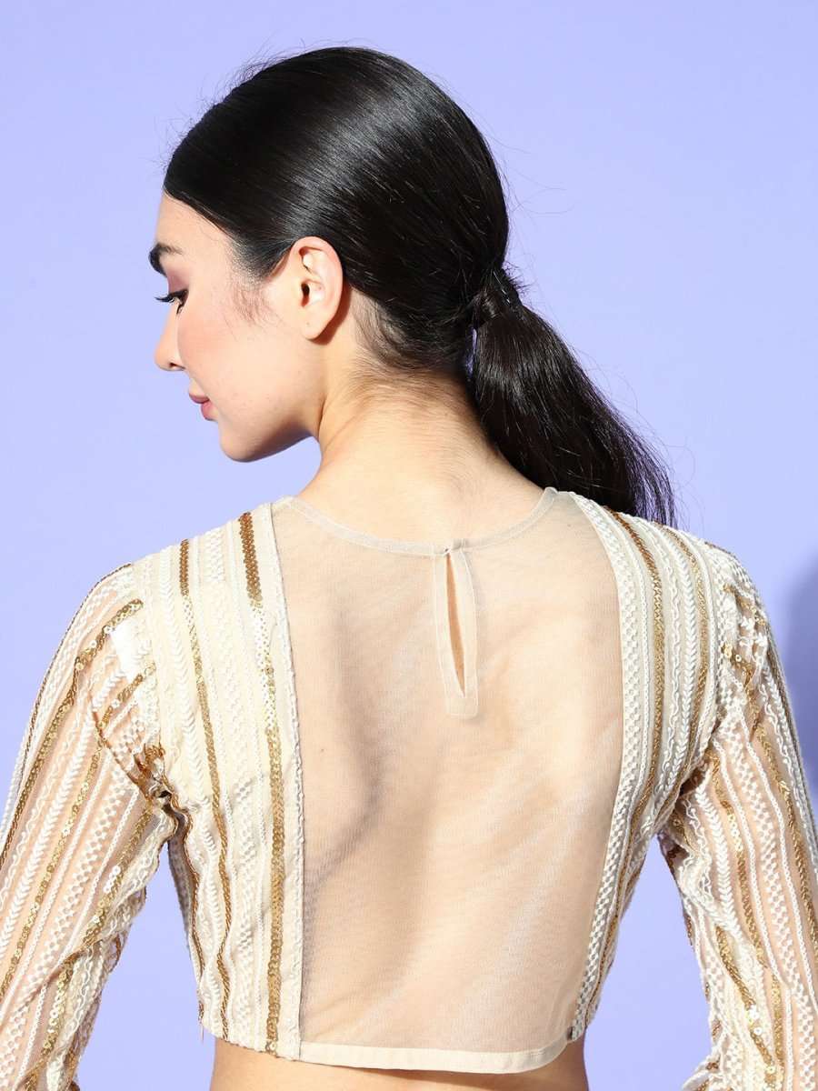 Beige Net Embroidered Ruffled Co-Ords - Inddus.com