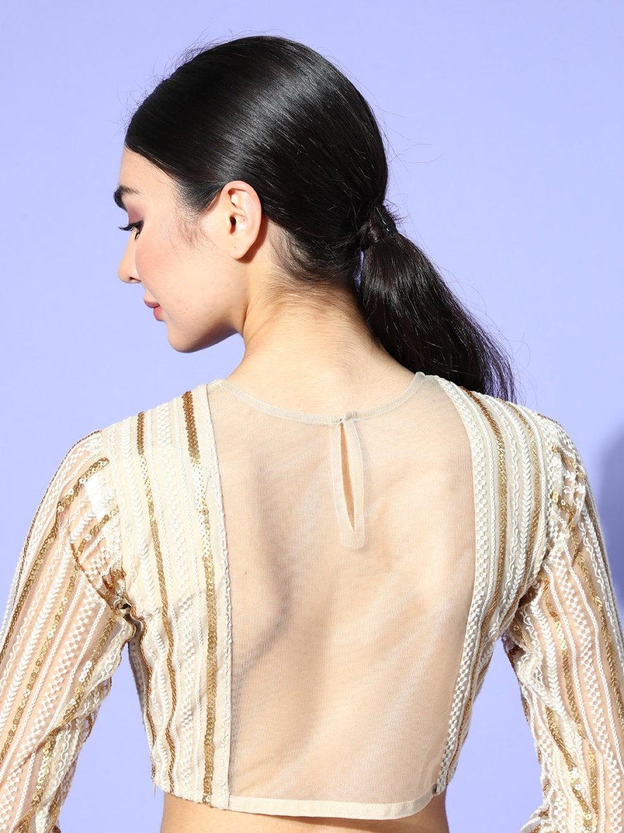 Beige Net Embroidered Ruffled Co-Ords - Inddus.com