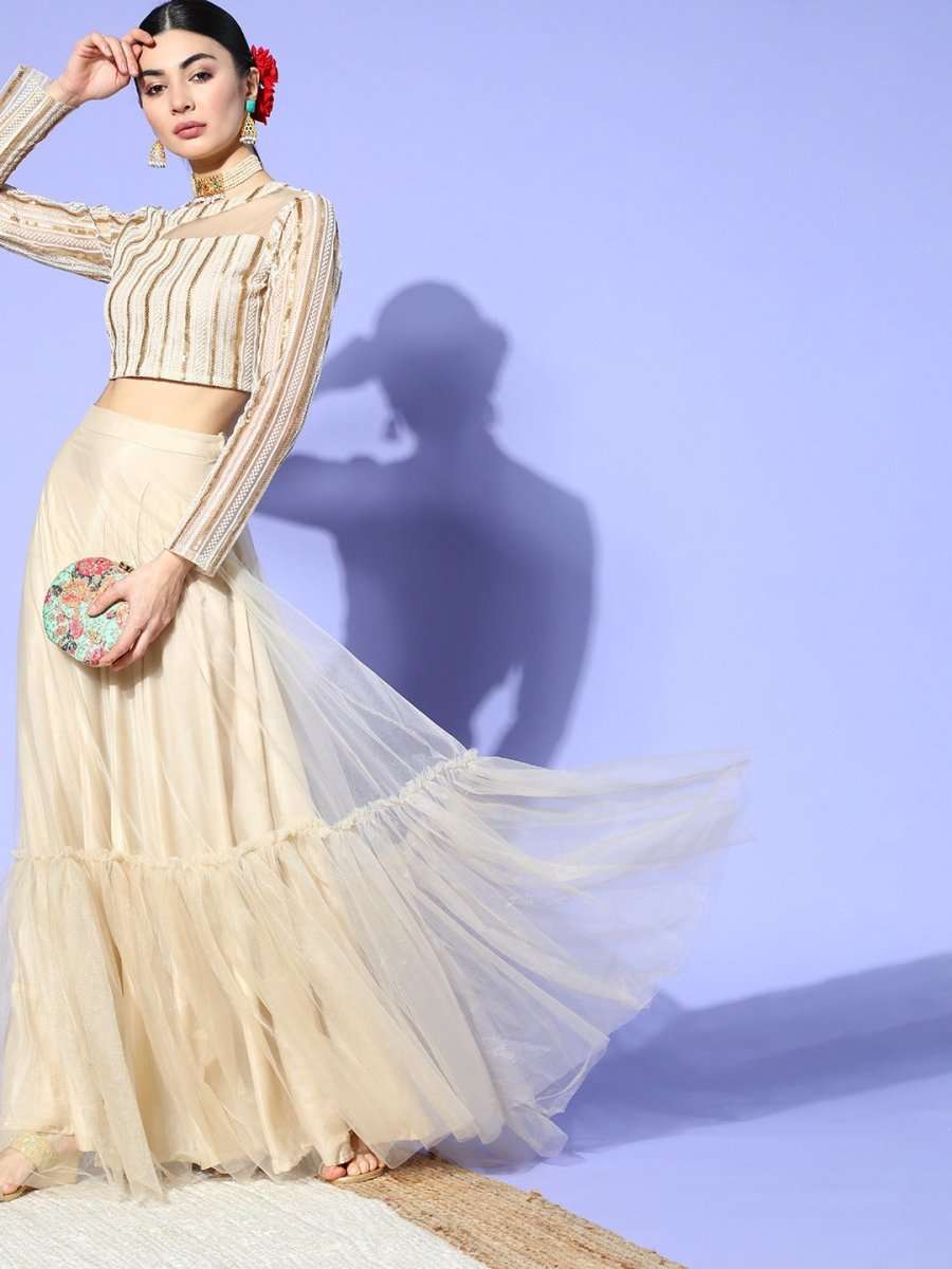 Beige Net Embroidered Ruffled Co-Ords - Inddus.com