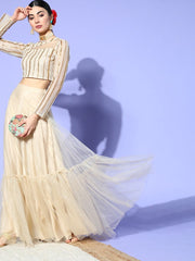 Beige Net Embroidered Ruffled Co-Ords - Inddus.com