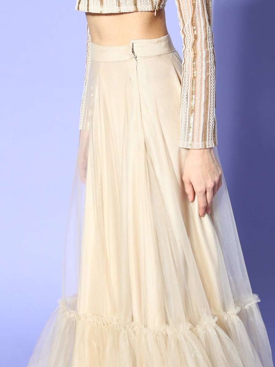 Beige Net Embroidered Ruffled Co-Ords - Inddus.com