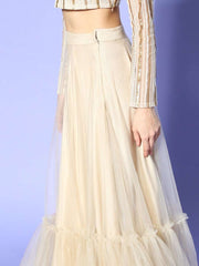 Beige Net Embroidered Ruffled Co-Ords - Inddus.com