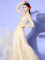 Beige Net Embroidered Ruffled Co-Ords - Inddus.com