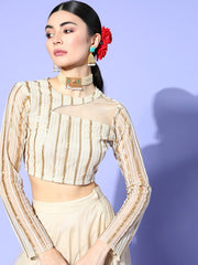 Beige Net Embroidered Ruffled Co-Ords - Inddus.com