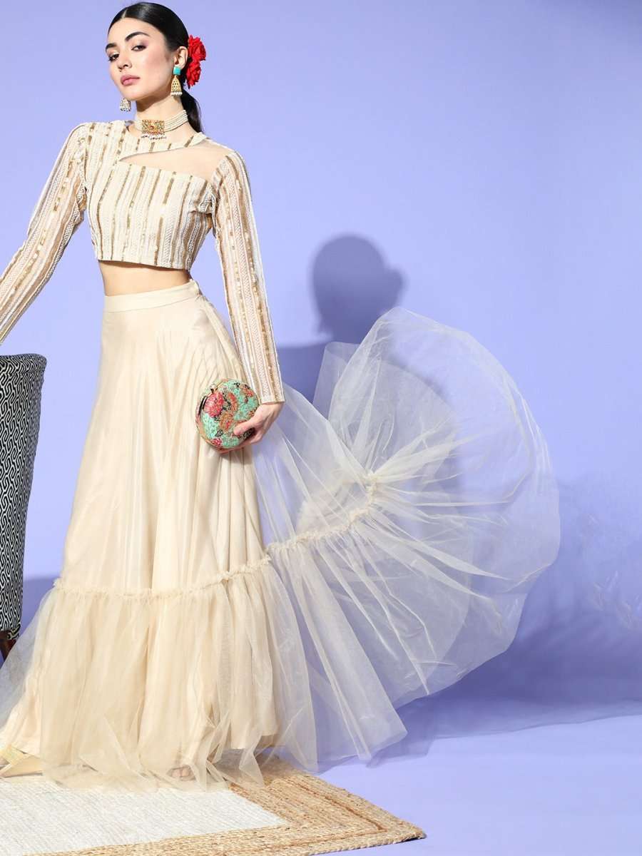 Beige Net Embroidered Ruffled Co-Ords - Inddus.com