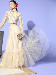 Beige Net Embroidered Ruffled Co-Ords - Inddus.com