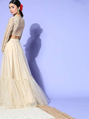 Beige Net Embroidered Ruffled Co-Ords - Inddus.com