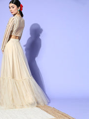 Beige Net Embroidered Ruffled Co-Ords - Inddus.com