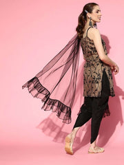 Beige Net floral Embroidered Kurta with Dhoti Pants and Dupatta - Inddus.com