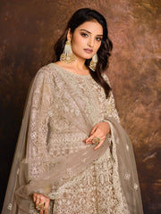 Beige Net Partywear Anarkali Suit - Inddus.com