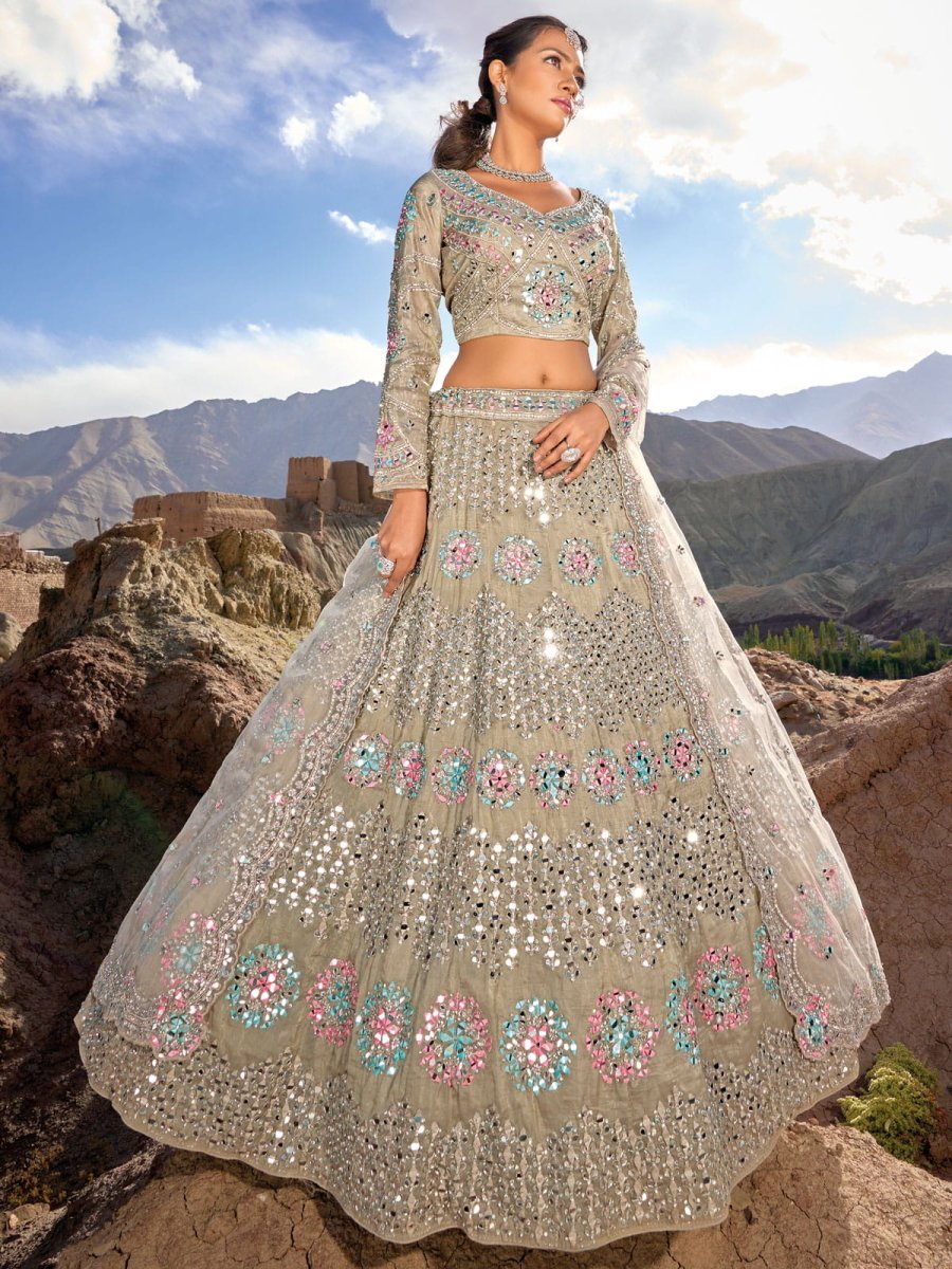 Beige Organza Embroidered Lehenga Choli - Inddus.com