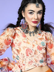 Beige Polyester Printed Crop Top - Inddus.com