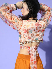 Beige Polyester Printed Crop Top - Inddus.com