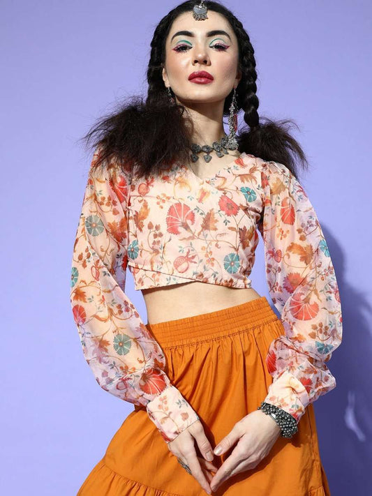 Beige Polyester Printed Crop Top - Inddus.com