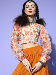 Beige Polyester Printed Crop Top - Inddus.com