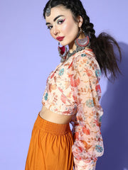Beige Polyester Printed Crop Top - Inddus.com