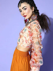 Beige Polyester Printed Crop Top - Inddus.com