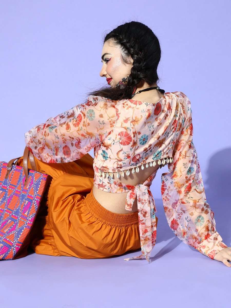 Beige Polyester Printed Crop Top - Inddus.com