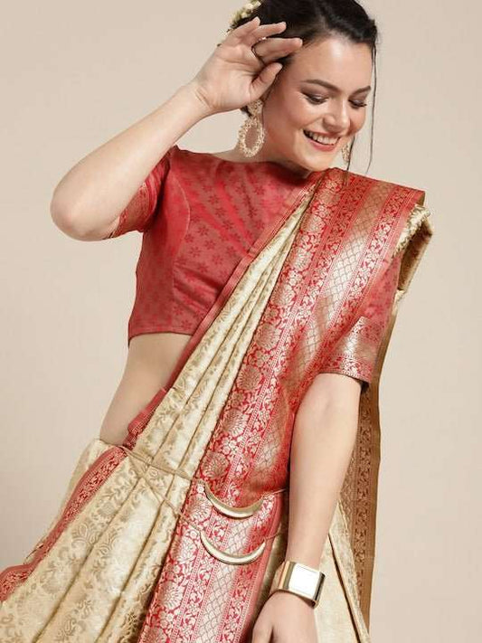 Beige & Red Silk Blend Woven Design Saree - Inddus.com