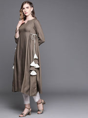 Beige Self Design Sequinned Embroidered Kurta - Inddus.com