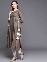 Beige Self Design Sequinned Embroidered Kurta - Inddus.com