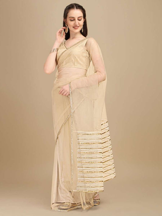 Beige Sequinned Net Saree - Inddus.com