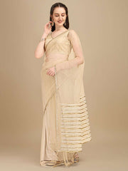 Beige Sequinned Net Saree - Inddus.com