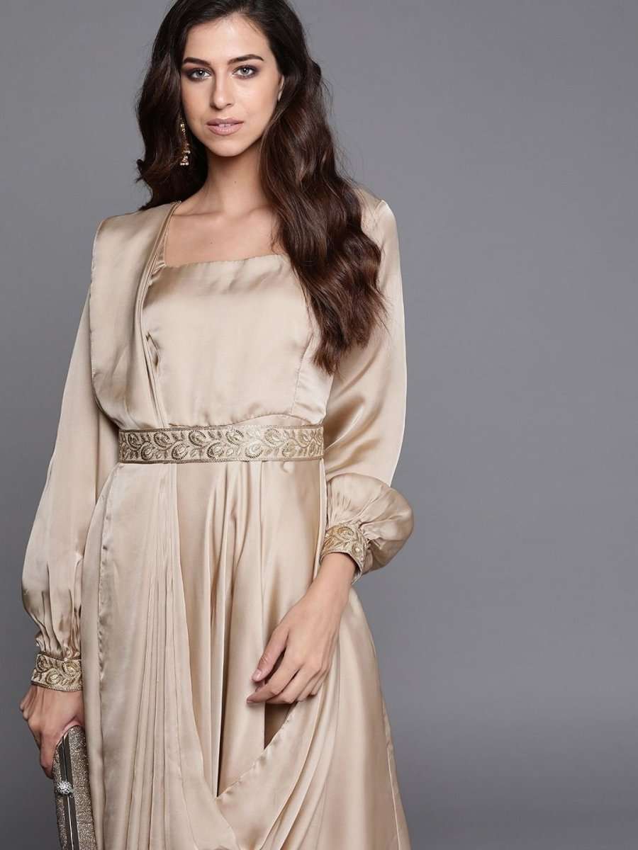 Beige Solid Flared Gown with attached Dupatta and Embroidered Belt - inddus-us