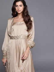 Beige Solid Flared Gown with attached Dupatta and Embroidered Belt - inddus-us
