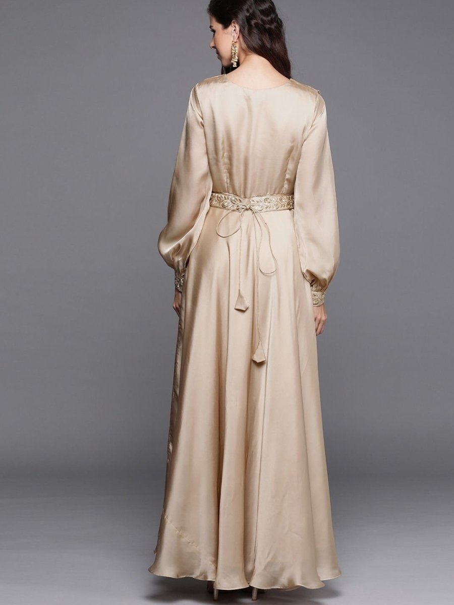 Beige Solid Flared Gown with attached Dupatta and Embroidered Belt - inddus-us