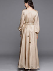 Beige Solid Flared Gown with attached Dupatta and Embroidered Belt - inddus-us