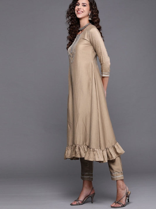 Beige Solid Kurta with Trouser and Dupatta - Inddus.com