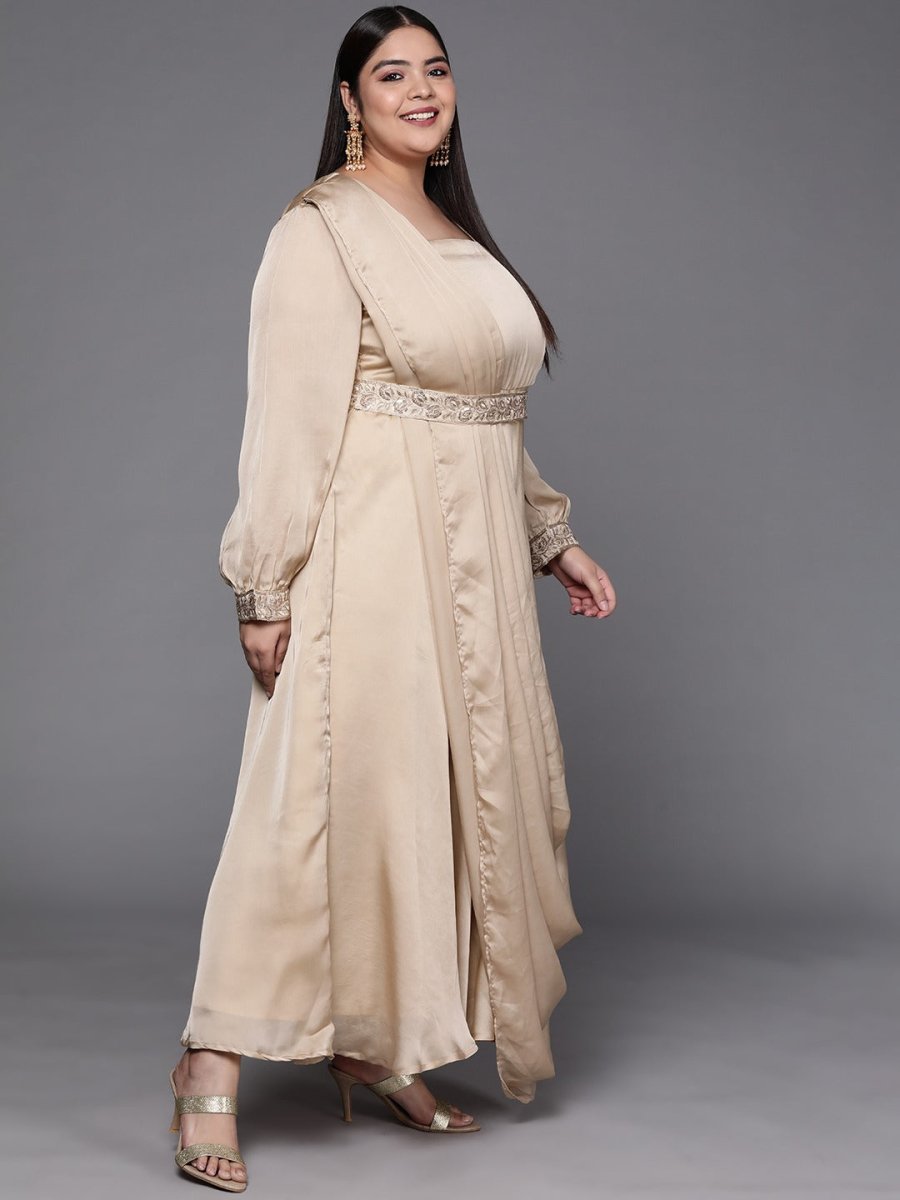 Beige Solid Satin Maxi Gown with Draped Dupatta - Inddus.com