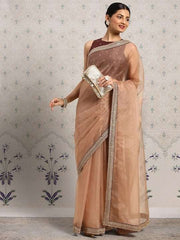 Beige Zari Organza Saree - Inddus.com