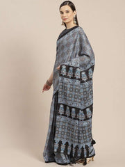Black and Blue Digital Print Saree - inddus-us