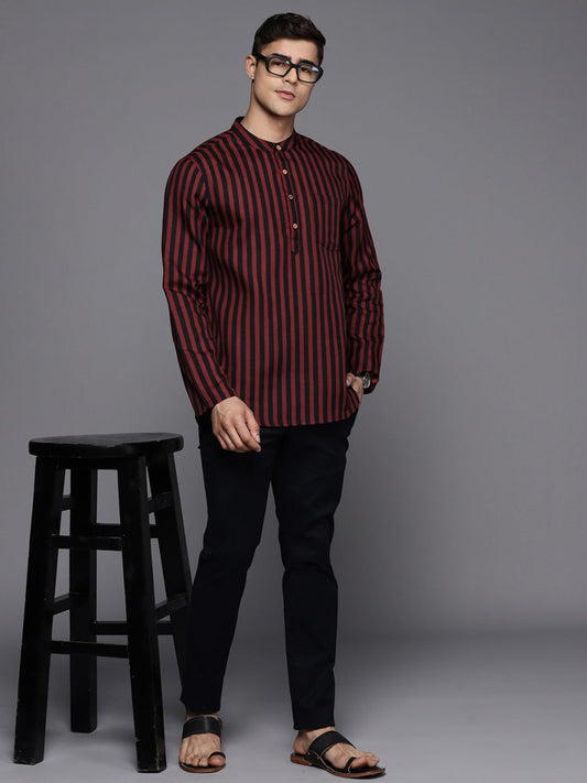 Black and Red Striped Linen Blend Kurta - Inddus.com