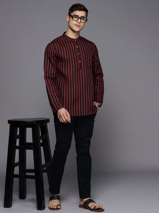 Black and Red Striped Linen Blend Kurta - Inddus.com
