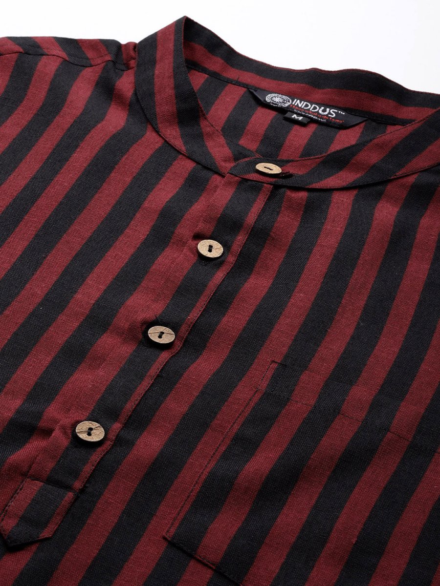 Black and Red Striped Linen Blend Kurta - Inddus.com