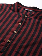 Black and Red Striped Linen Blend Kurta - Inddus.com