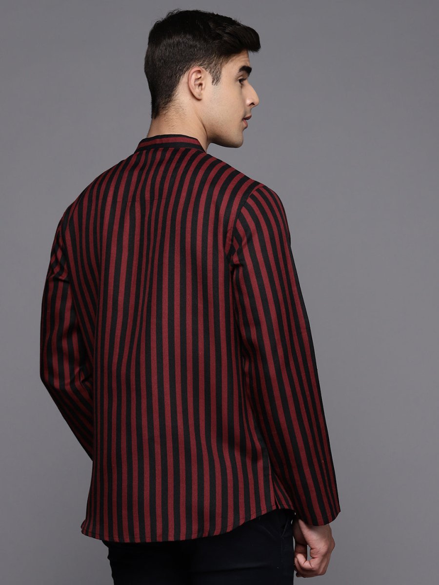 Black and Red Striped Linen Blend Kurta - Inddus.com