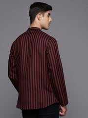 Black and Red Striped Linen Blend Kurta - Inddus.com