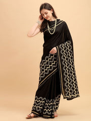Black Chevron Embroidered Saree with Blouse - inddus-us