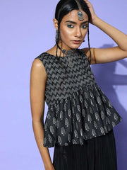 Black Cotton Blend Printed Crop Top - Inddus.com