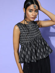 Black Cotton Blend Printed Crop Top - Inddus.com