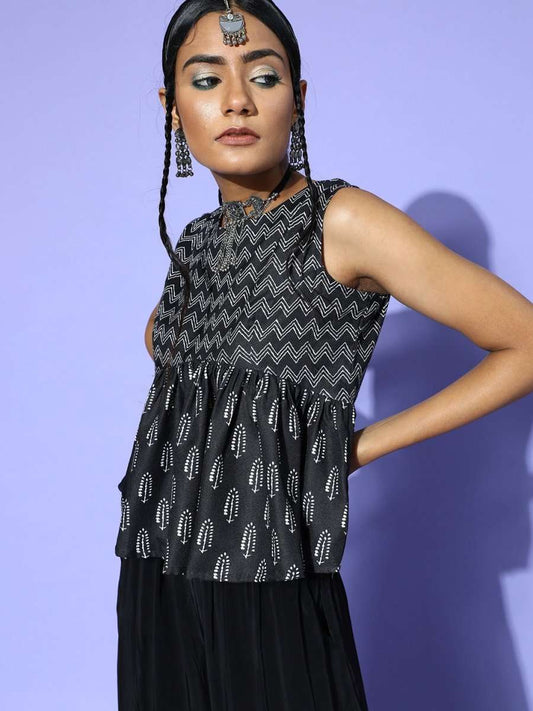 Black Cotton Blend Printed Crop Top - Inddus.com